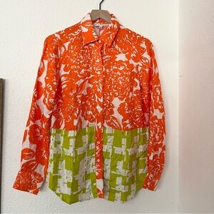 Trina Turk silk orange and green blouse